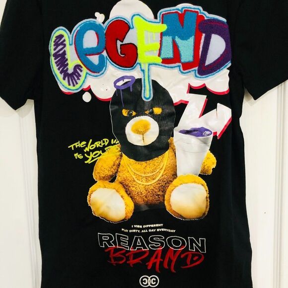 Reason Legend Bear Chenille Men's Tee Crew Neck Short Sleeve Black Small NWT - Picture 6 of 7